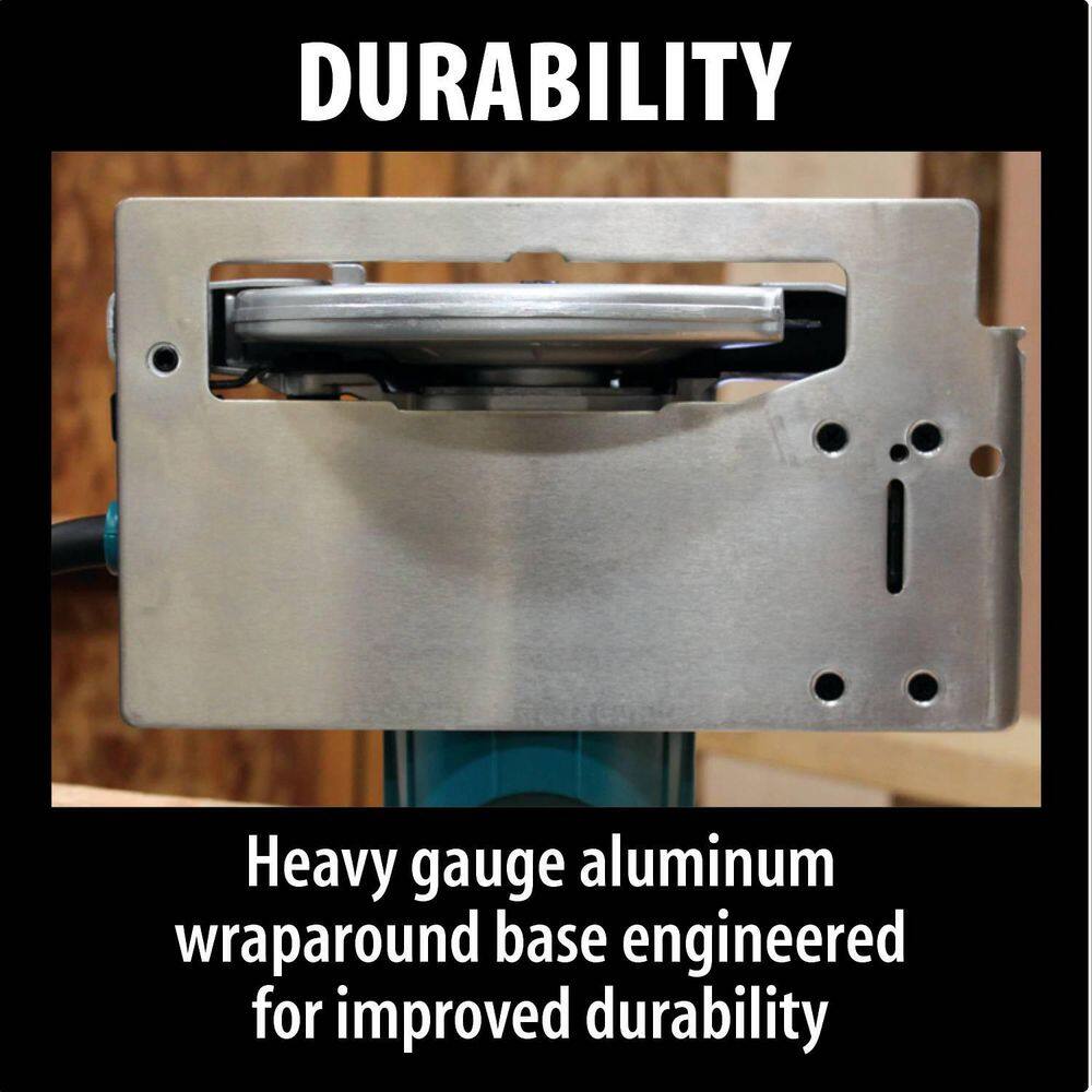 Underside view of the heavy gauge aluminum wraparound base on the Makita circular saw, engineered for improved durability and straighter cuts.