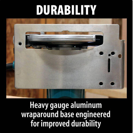 Underside view of the heavy gauge aluminum wraparound base on the Makita circular saw, engineered for improved durability and straighter cuts.