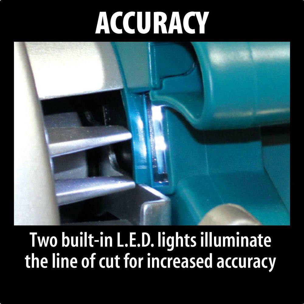 Close-up shot of the dual built-in L.E.D. lights on the Makita 5007FA that illuminate the line of cut for increased accuracy in low light.