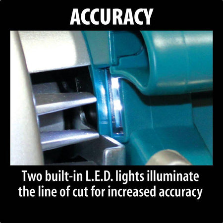 Close-up shot of the dual built-in L.E.D. lights on the Makita 5007FA that illuminate the line of cut for increased accuracy in low light.