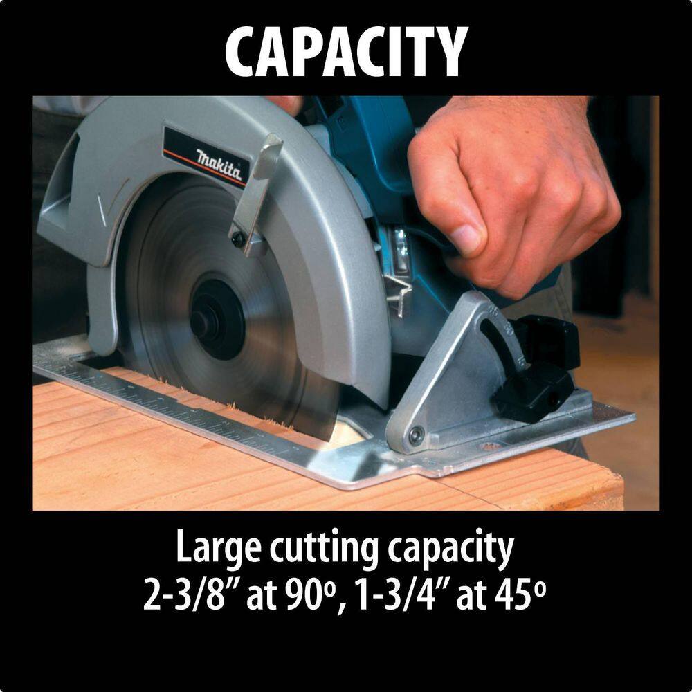 Detail shot showing the large cutting capacity of the Makita 5007FA circular saw, capable of 2-3/8 inches at 90 degrees and 1-3/4 inches at 45 degrees.