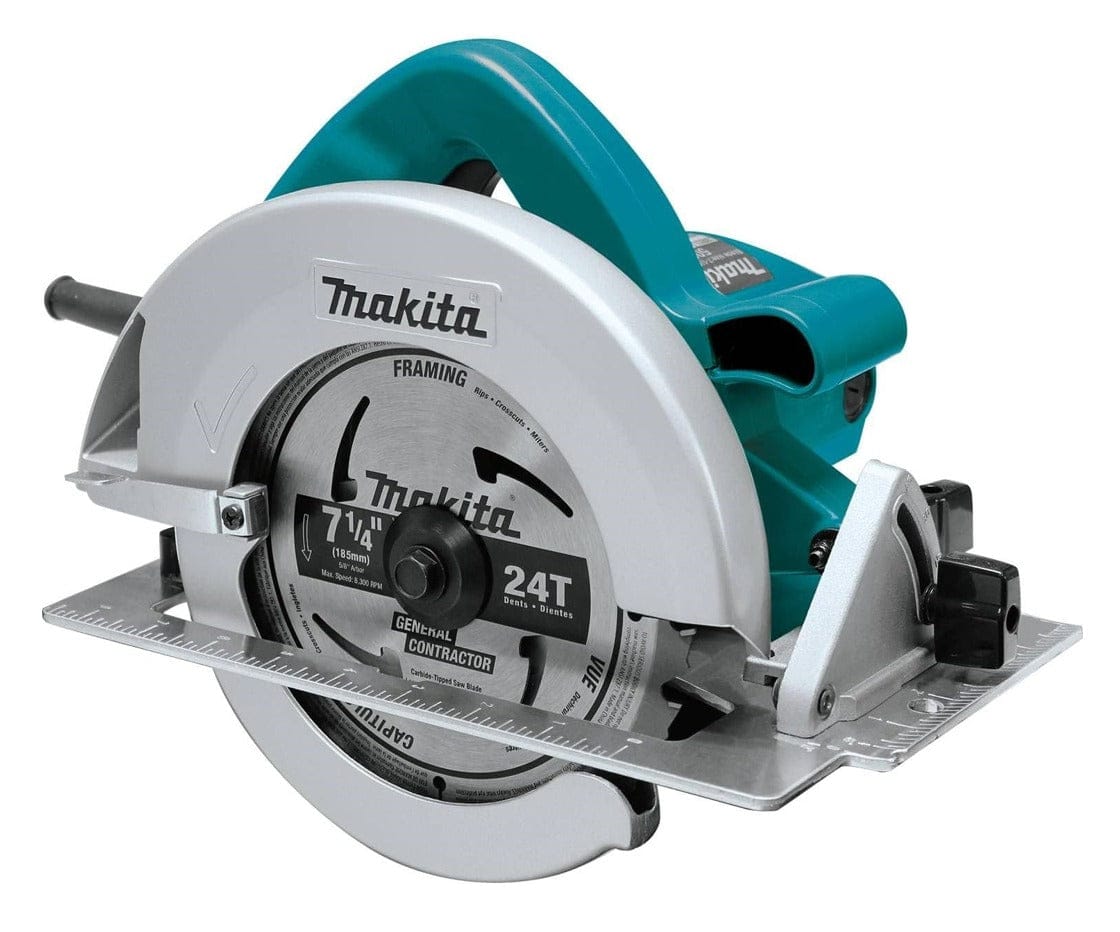 A three-quarter studio shot of the Makita 5007F 7-1/4 inch circular saw, showing the 24T framing blade, aluminum base, and teal handle.