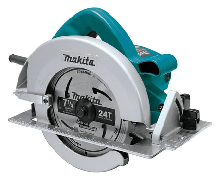 A three-quarter studio shot of the Makita 5007F 7-1/4 inch circular saw, showing the 24T framing blade, aluminum base, and teal handle.