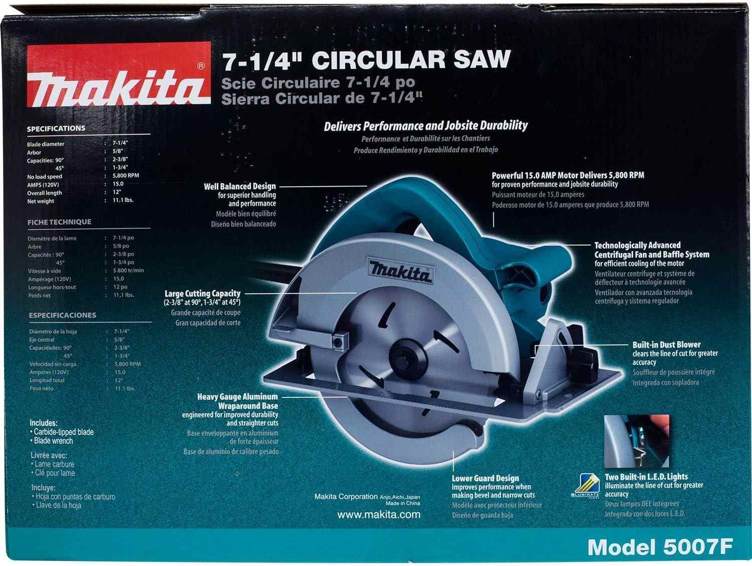 An informational graphic of the Makita 5007F 7-1/4 inch circular saw, with callouts in English, French, and Spanish pointing to key features like the 15-amp motor, built-in dust blower, LED lights, and heavy-gauge aluminum base.