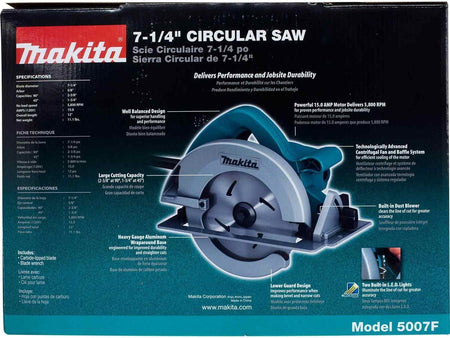 An informational graphic of the Makita 5007F 7-1/4 inch circular saw, with callouts in English, French, and Spanish pointing to key features like the 15-amp motor, built-in dust blower, LED lights, and heavy-gauge aluminum base.