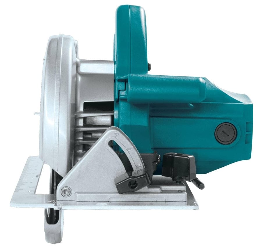A rear profile studio shot of the Makita 5007F circular saw, showing the teal motor housing, handle, and the bevel adjustment gauge on the base, set to 0 degrees.