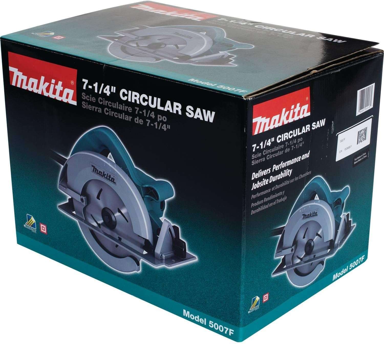 The official Makita retail box for the 7-1/4 inch circular saw, model 5007F, showing images of the tool and product information in English, French, and Spanish.