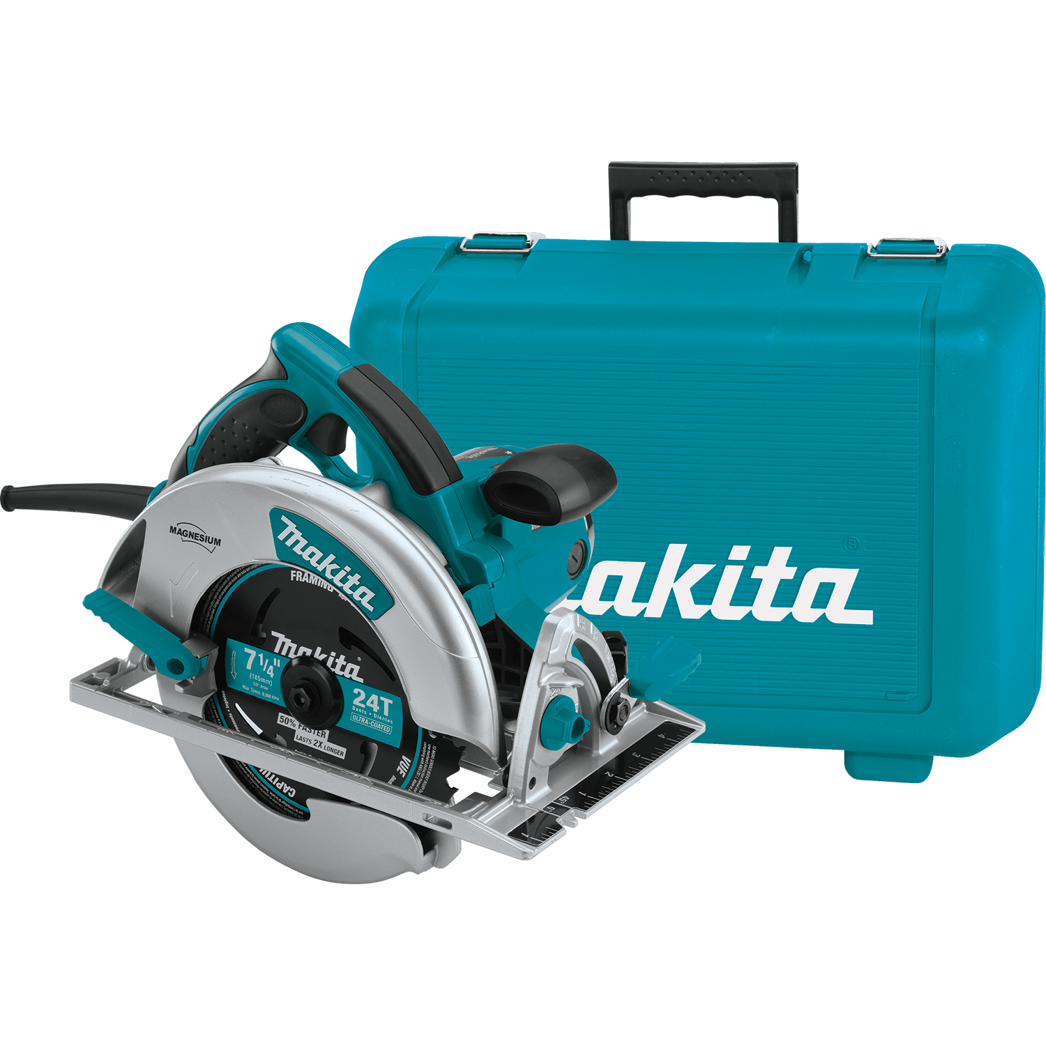 Full view of the Makita 5007MGA 7-1/4 inch magnesium circular saw with electric brake, featuring silver magnesium housing and a teal motor cover, positioned next to its professional teal hard carrying case.