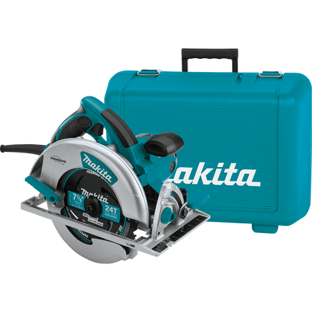 Full view of the Makita 5007MGA 7-1/4 inch magnesium circular saw with electric brake, featuring silver magnesium housing and a teal motor cover, positioned next to its professional teal hard carrying case.