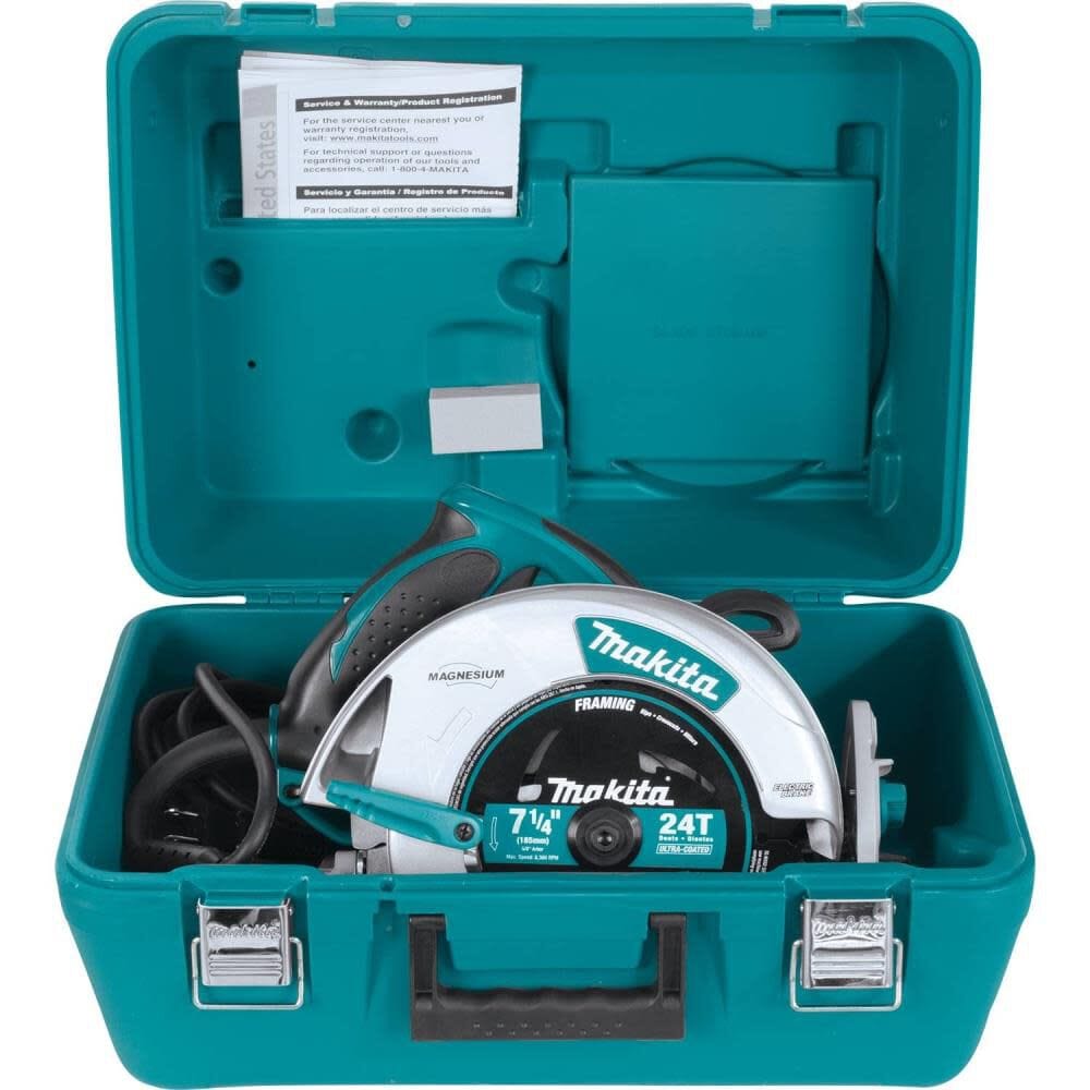 A professional carpenter using the Makita 5007MGA magnesium saw on a construction site, demonstrating the clear line of sight provided by the integrated dust blower.