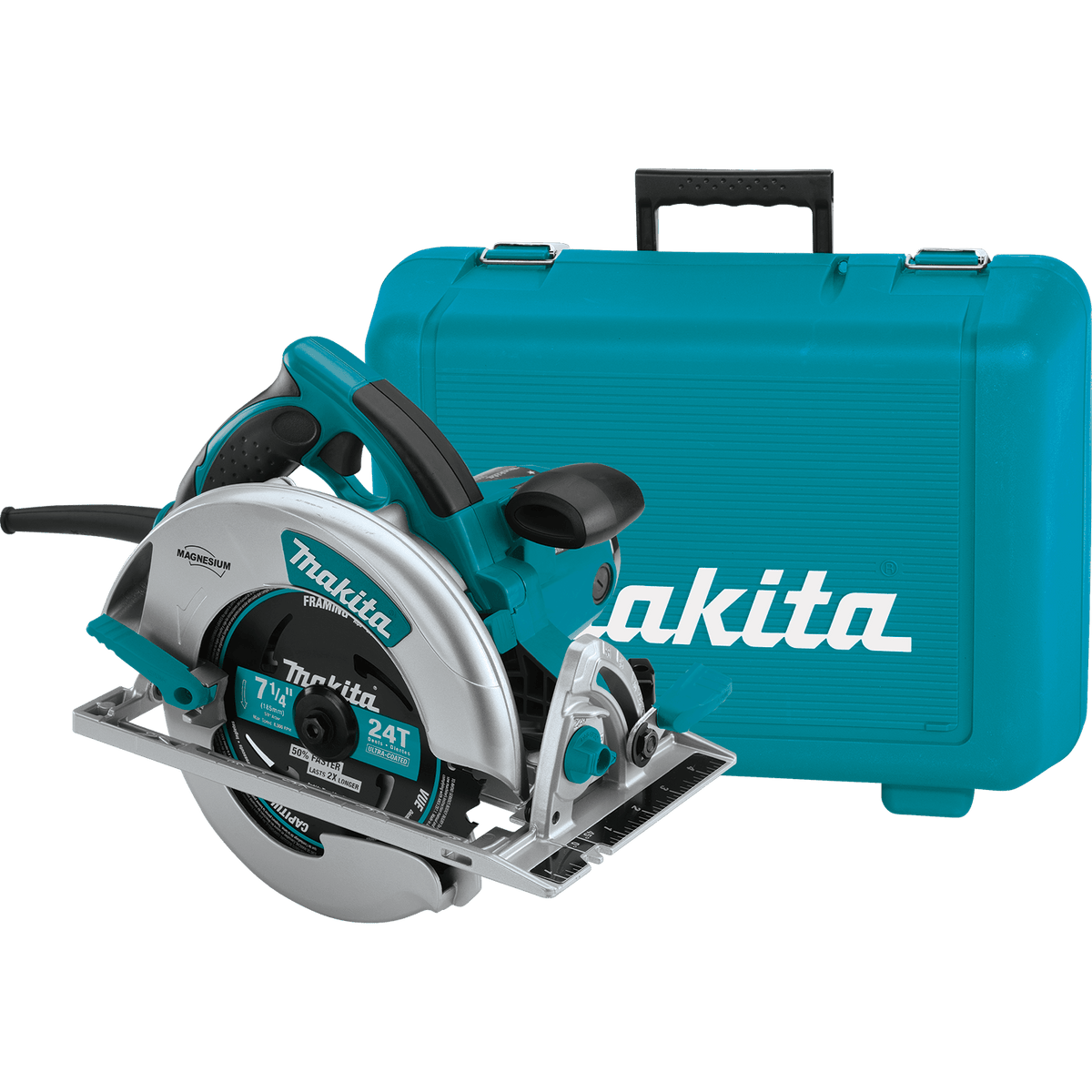 Full product kit view featuring the Makita 5007MG magnesium circular saw and its durable teal storage case, ideal for professional contractors and remodelers.