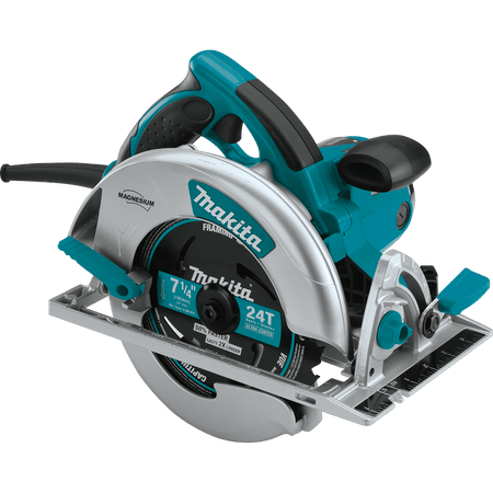 Side profile of the Makita 15 AMP corded circular saw highlighting the lightweight magnesium components, teal motor housing, and a 24T ultra-coated framing blade.
