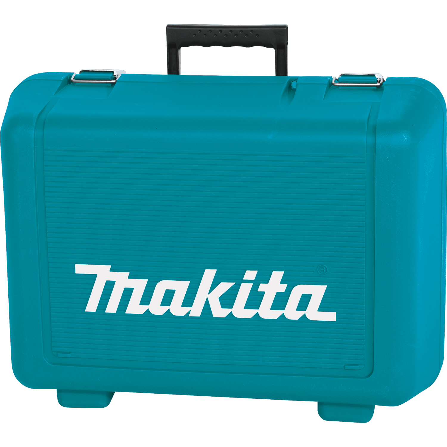 Front view of the professional Makita hard tool case with a secure black handle and embossed logo, designed for high-impact protection and jobsite transport.