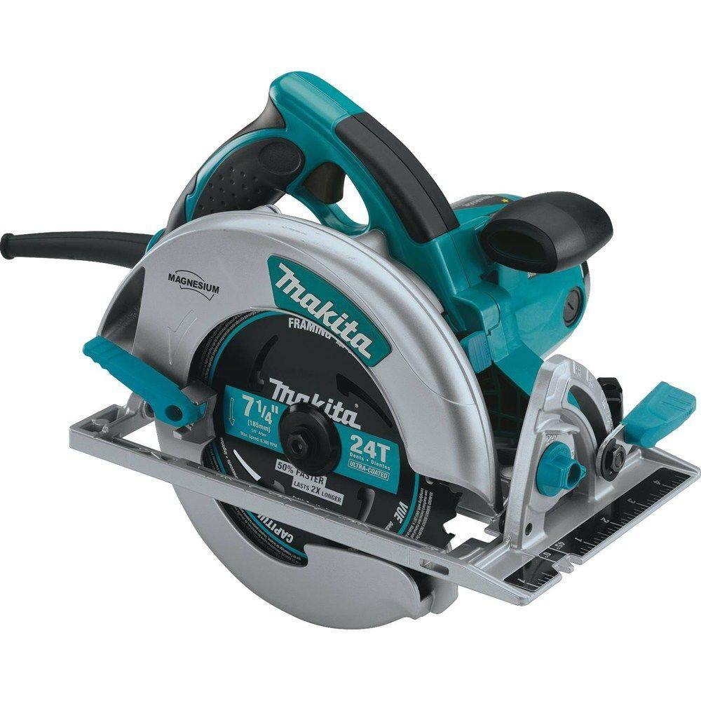 High-angle view of the Makita 5007MG circular saw emphasizing the ergonomic rubberized top handle and the large, easy-to-read numbers on the depth adjustment scale.