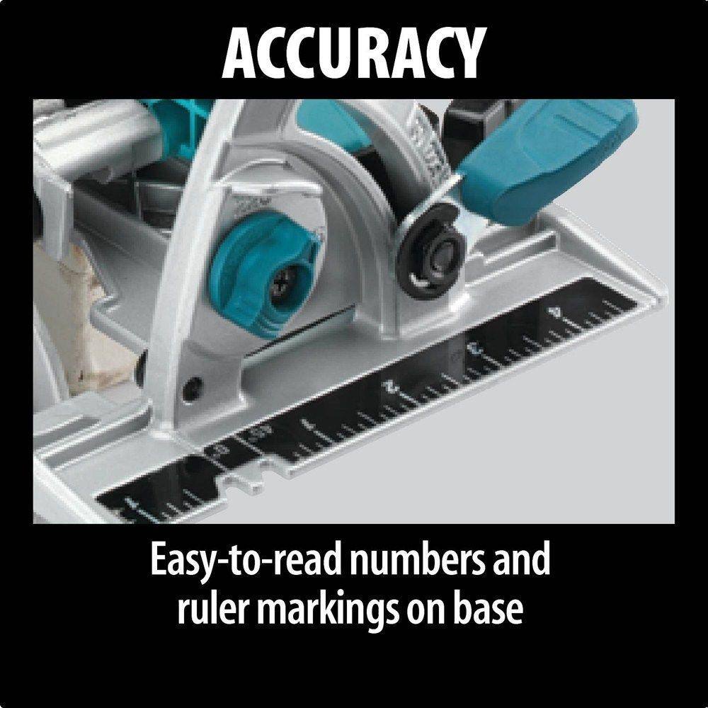 Detailed close-up of the magnesium base plate of the circular saw, showcasing the high-accuracy oversized numbers and ruler markings for precise measurements.