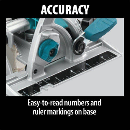 Detailed close-up of the magnesium base plate of the circular saw, showcasing the high-accuracy oversized numbers and ruler markings for precise measurements.