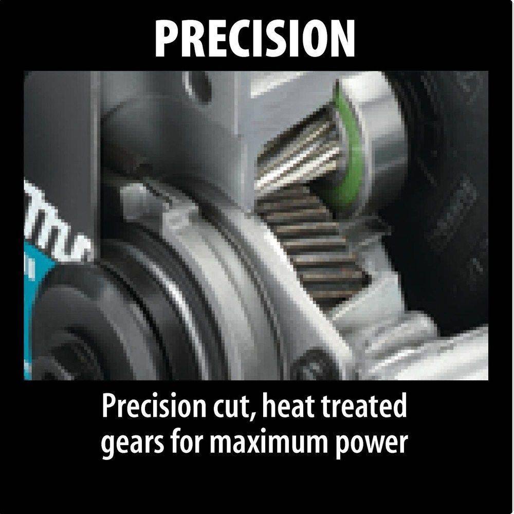 Technical close-up of the precision-cut, heat-treated gears within the Makita magnesium saw housing, engineered for maximum power transfer and tool longevity.