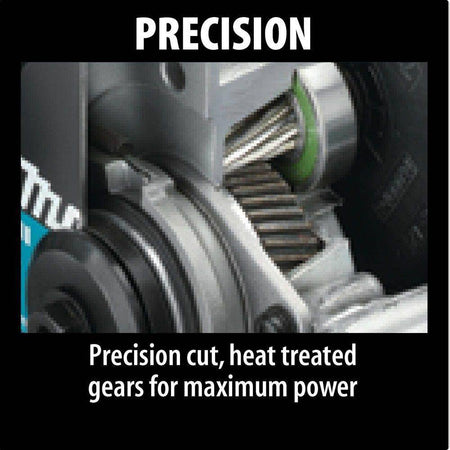 Technical close-up of the precision-cut, heat-treated gears within the Makita magnesium saw housing, engineered for maximum power transfer and tool longevity.