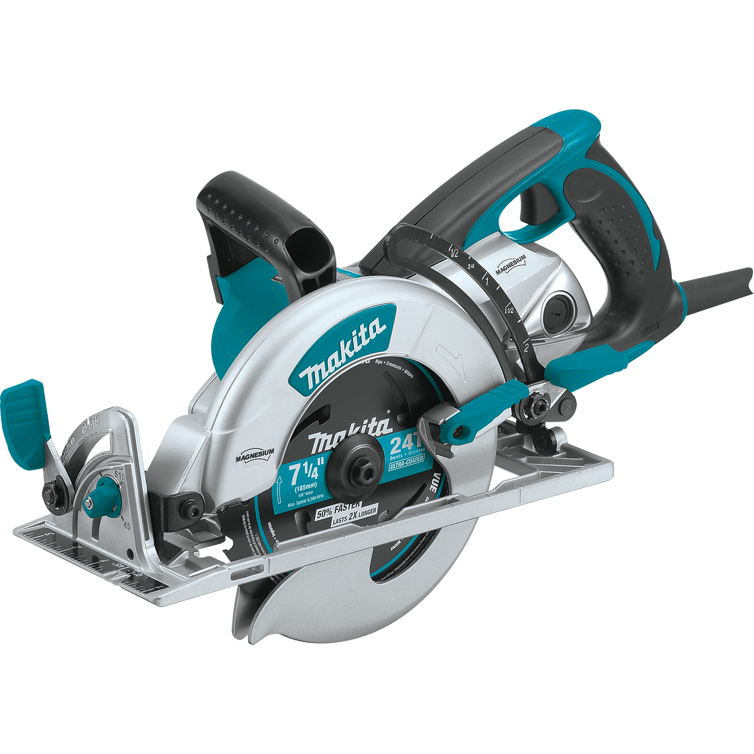 Isolated side view of the Makita 5377MG 7-1/4 inch magnesium hypoid circular saw, featuring a professional rear-handle design, high-torque industrial housing, and a premium carbide-tipped framing blade.