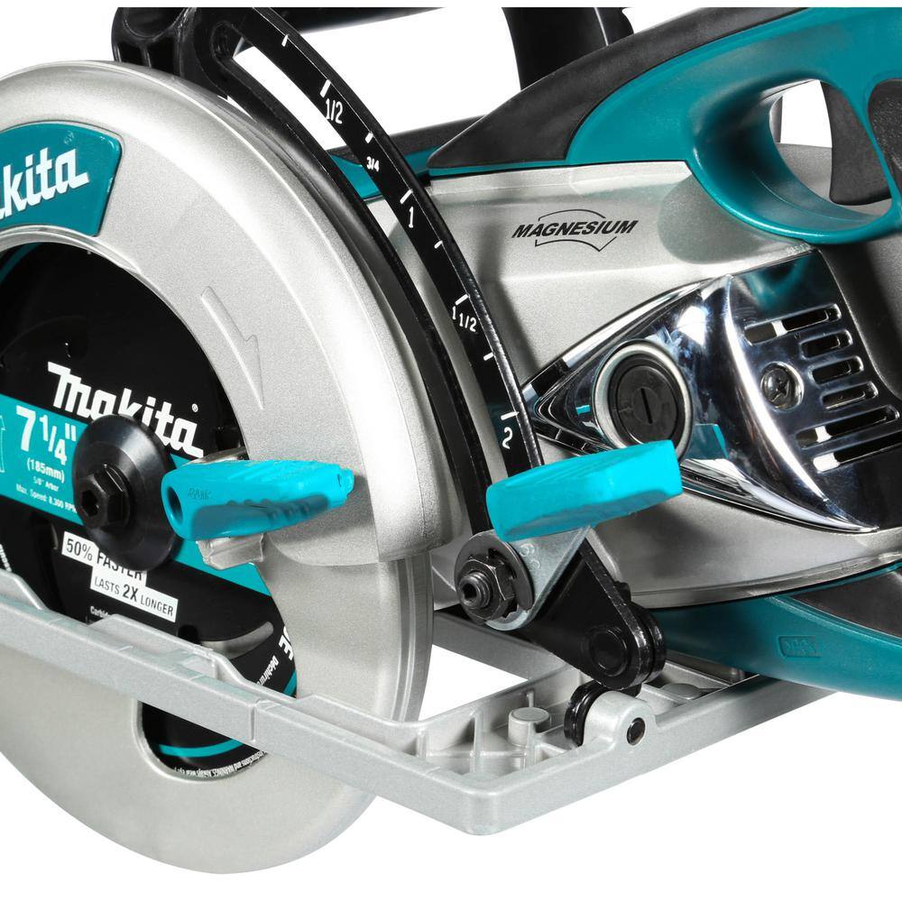 Full profile view of the Makita 15 AMP hypoid saw showcasing the lightweight magnesium components, retractable tool hook, and ergonomic rubberized rear handle for maximum leverage and control.