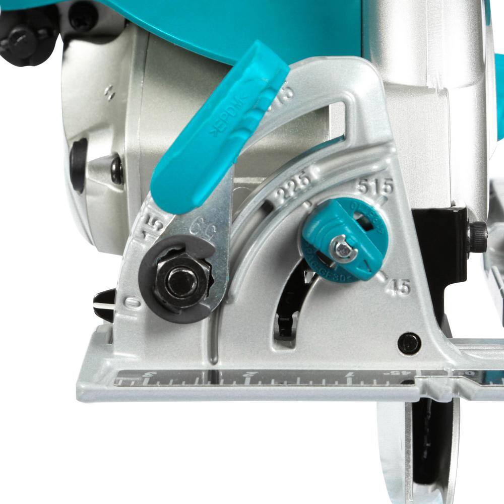 Underside view of the heavy-gauge magnesium base plate on the hypoid saw, illustrating the durable construction and precision ruler markings designed for professional framing and ripping.