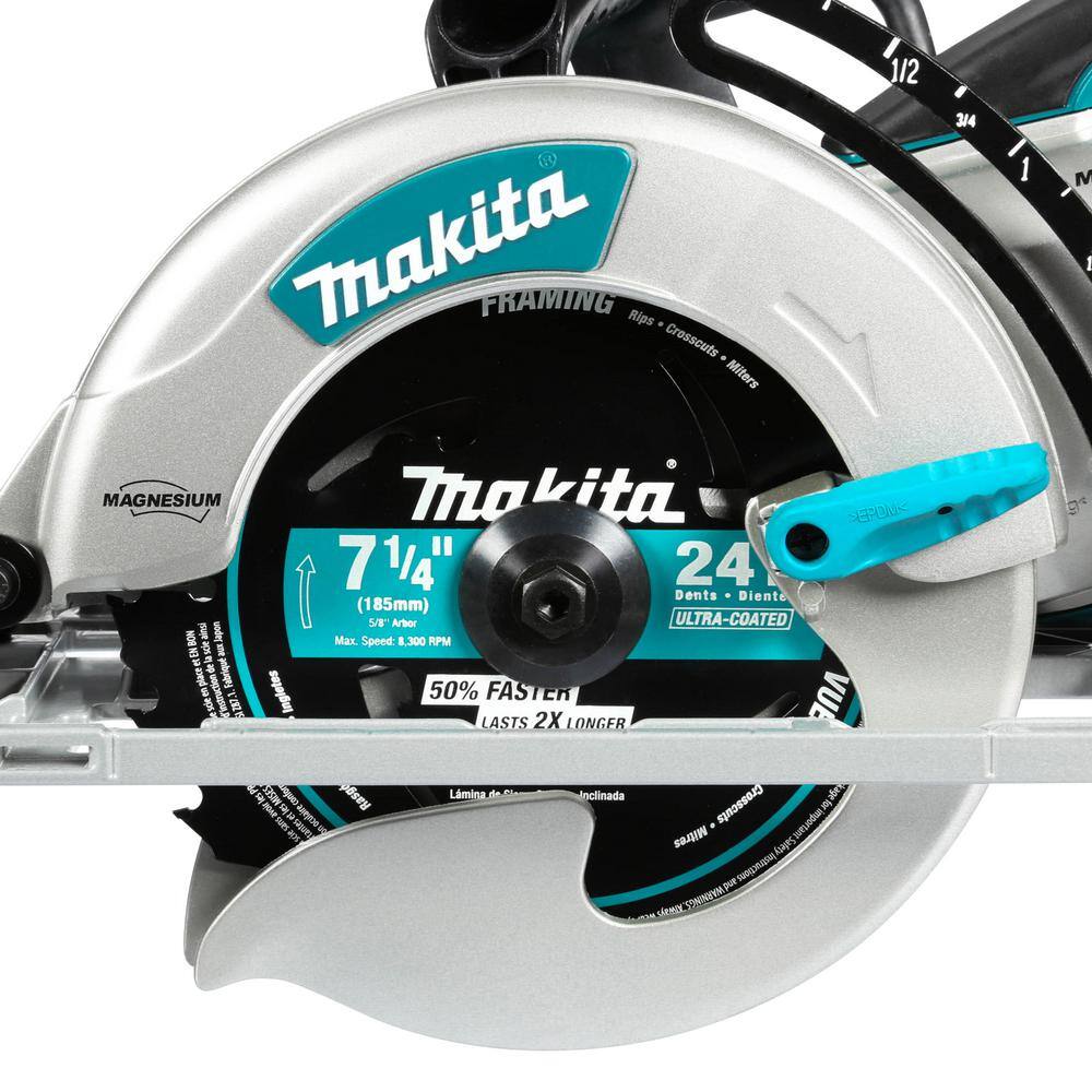 High-angle view of the Makita 5377MG highlighting the oversized markings on the depth and bevel adjustment scales, allowing for rapid and accurate changes in high-intensity jobsite environments.