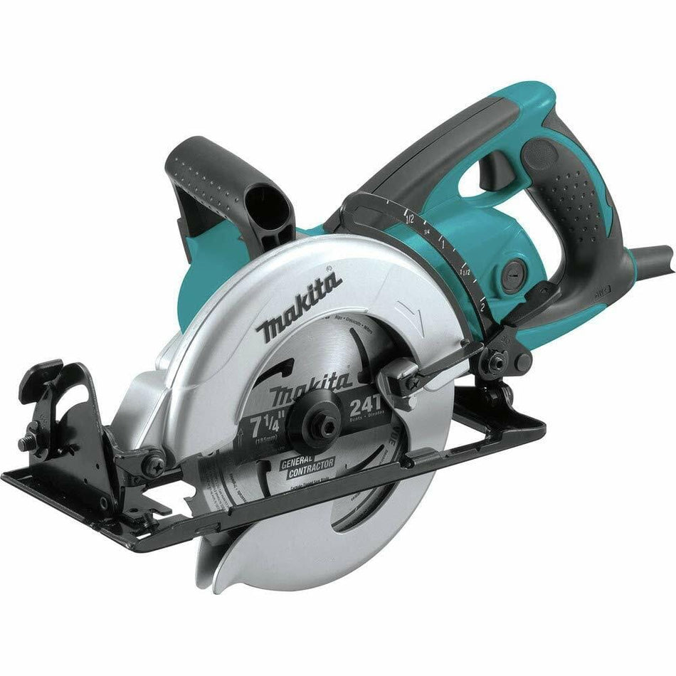 A three-quarter view of the Makita 7-1/4 inch hypoid saw with its teal and black housing, showing the magnesium base plate and 24T framing blade.