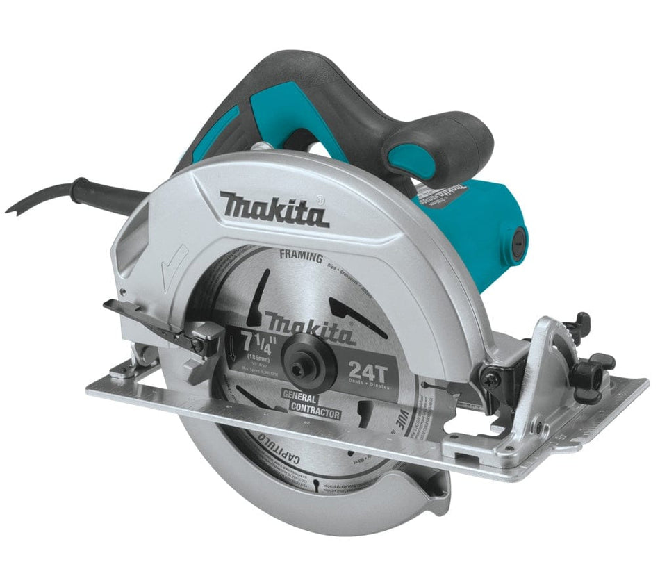 A Makita 7-1/4 inch Circular Saw. The blade currently on the saw is labeled "Makita 7 1/4" 24T," which indicates it's a 7 and 1/4 inch blade with 24 teeth, likely designed for framing. You can also see the "Makita" brand name prominently displayed on the motor housing.