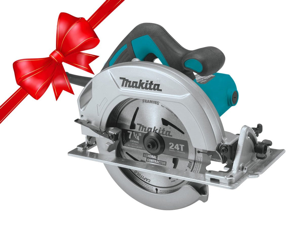 A Makita 7-1/4 inch Circular Saw. The blade currently on the saw is labeled "Makita 7 1/4" 24T," which indicates it's a 7 and 1/4 inch blade with 24 teeth, likely designed for framing. You can also see the "Makita" brand name prominently displayed on the motor housing on a white background with a red bow in the corner.