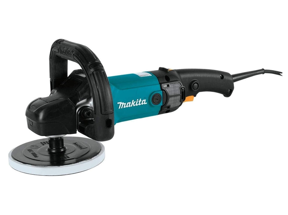 The Makita polisher has a long, cylindrical body with a large, round polishing pad at the front. It features a D-shaped handle on top for gripping and a smaller handle towards the rear, along with various switches and controls to adjust its speed.