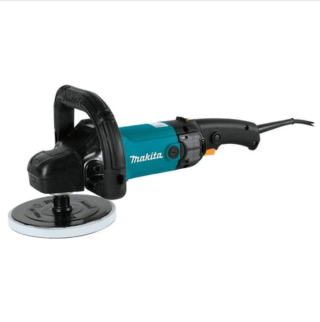 The Makita polisher has a long, cylindrical body with a large, round polishing pad at the front. It features a D-shaped handle on top for gripping and a smaller handle towards the rear, along with various switches and controls to adjust its speed.