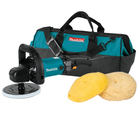 The Makita 9237CX3 polisher kit, including the tool, a 7-inch backing pad, a wool compounding bonnet, a wool polishing bonnet, and a teal and black Makita tool bag.