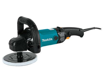 A three-quarter studio view of the Makita 9237CX3 7-inch polisher with the loop handle and a foam polishing pad attached.