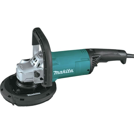Makita concrete planer with teal and black body, circular grinding disc, and visible Makita branding; designed for smoothing and leveling concrete surfaces.