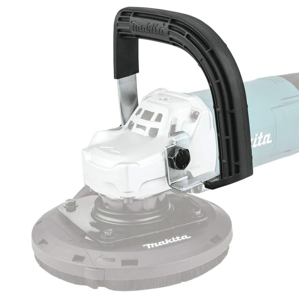 Makita grinder or polisher with top-mounted handle and branded pad; teal body partially visible, designed for surface finishing and material removal