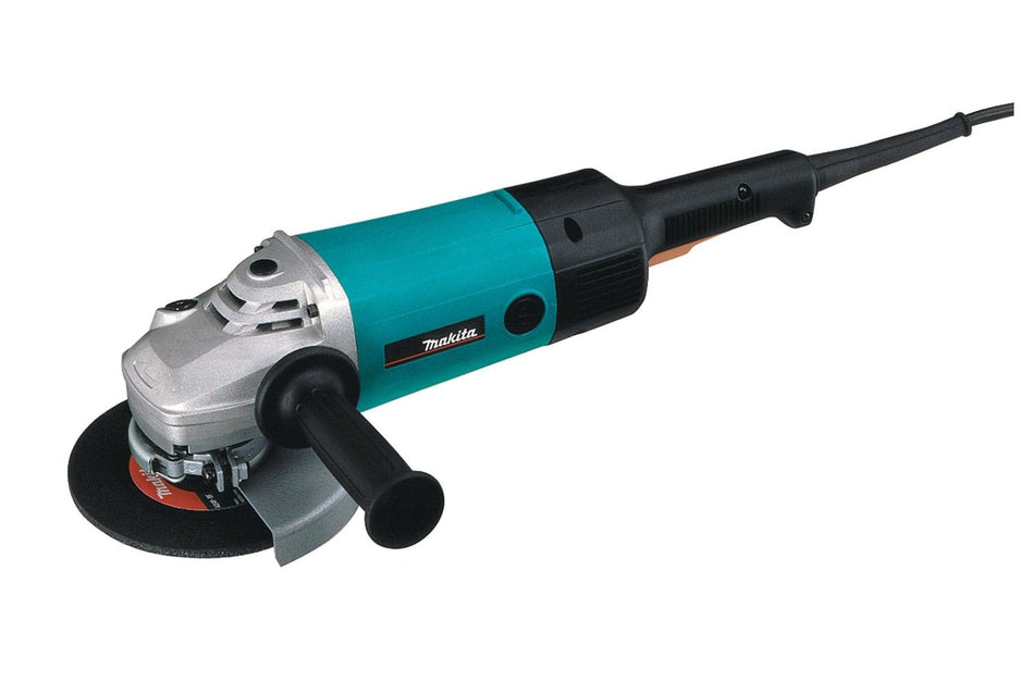 Studio view of the Makita 9077SL 7-inch angle grinder featuring a teal body, black rear handle, side grip, and grinding wheel.