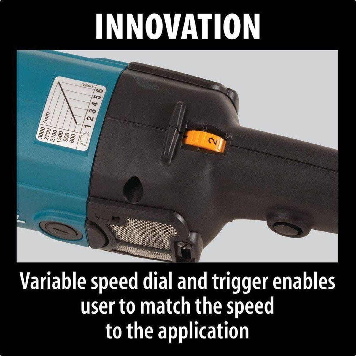 A technical graphic of the Makita 9237C 7-inch variable speed polisher, emphasizing key performance features including the robust 10 AMP motor and the industrial-grade metal gear housing.