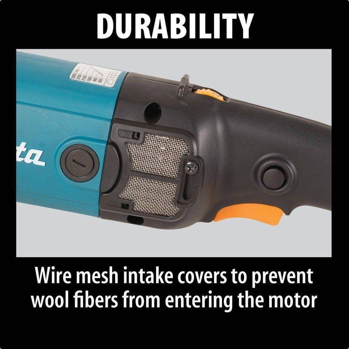 Close-up graphic of the foot-mounted speed selector dial on the Makita 7-inch polisher, displaying the dynamic, multi-setting control to match the RPM to any professional finishing application.