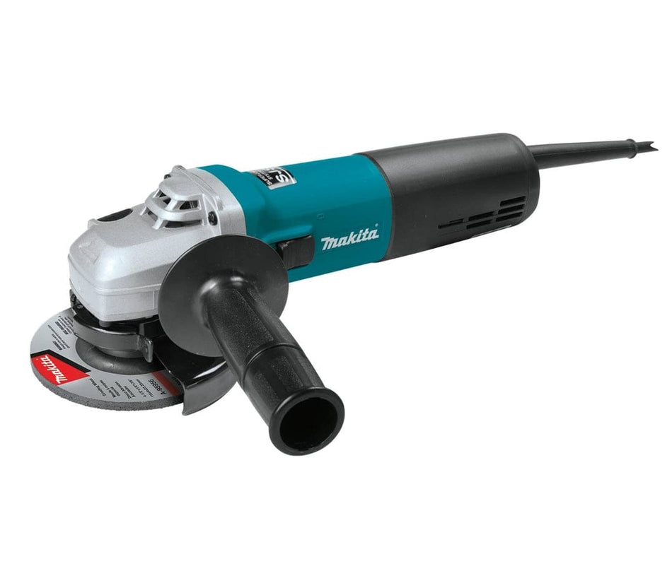 Studio angled view of the Makita 4-1/2 inch SJS angle grinder featuring a teal body, black rear housing, and attached side handle.