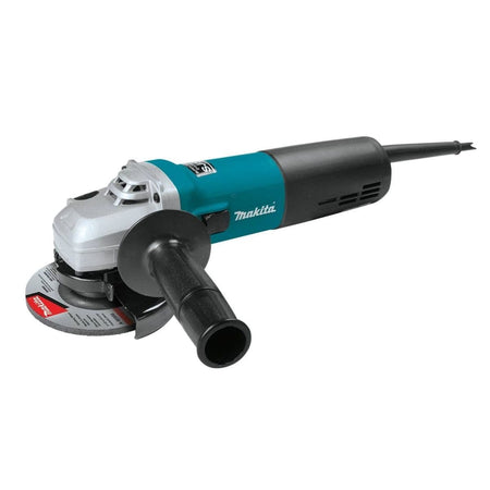 Studio angled view of the Makita 4-1/2 inch SJS angle grinder featuring a teal body, black rear housing, and attached side handle.