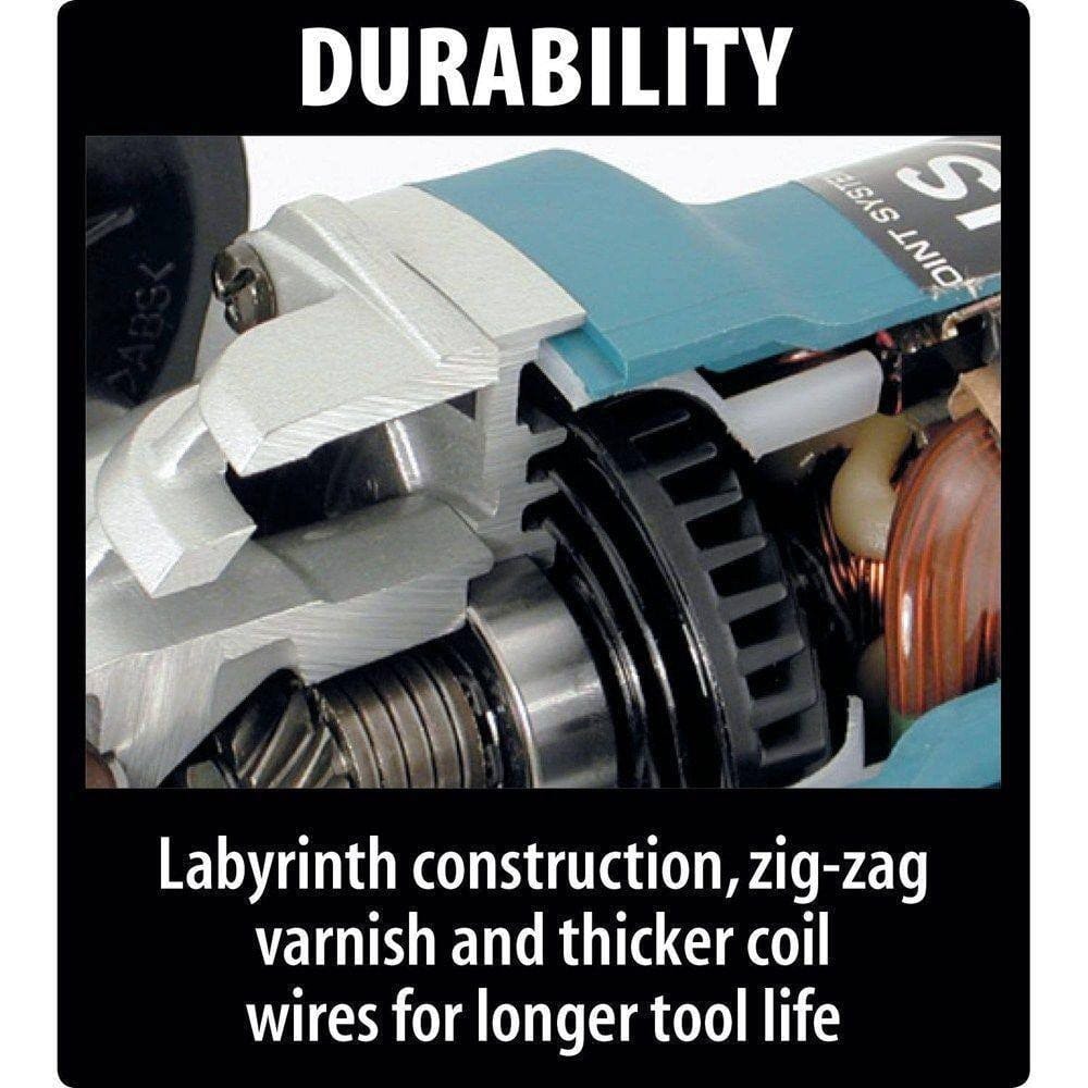 A technical durability graphic featuring a cutaway of the Makita grinder motor to show the labyrinth construction and zig-zag varnish that protect internal components for a longer tool life.