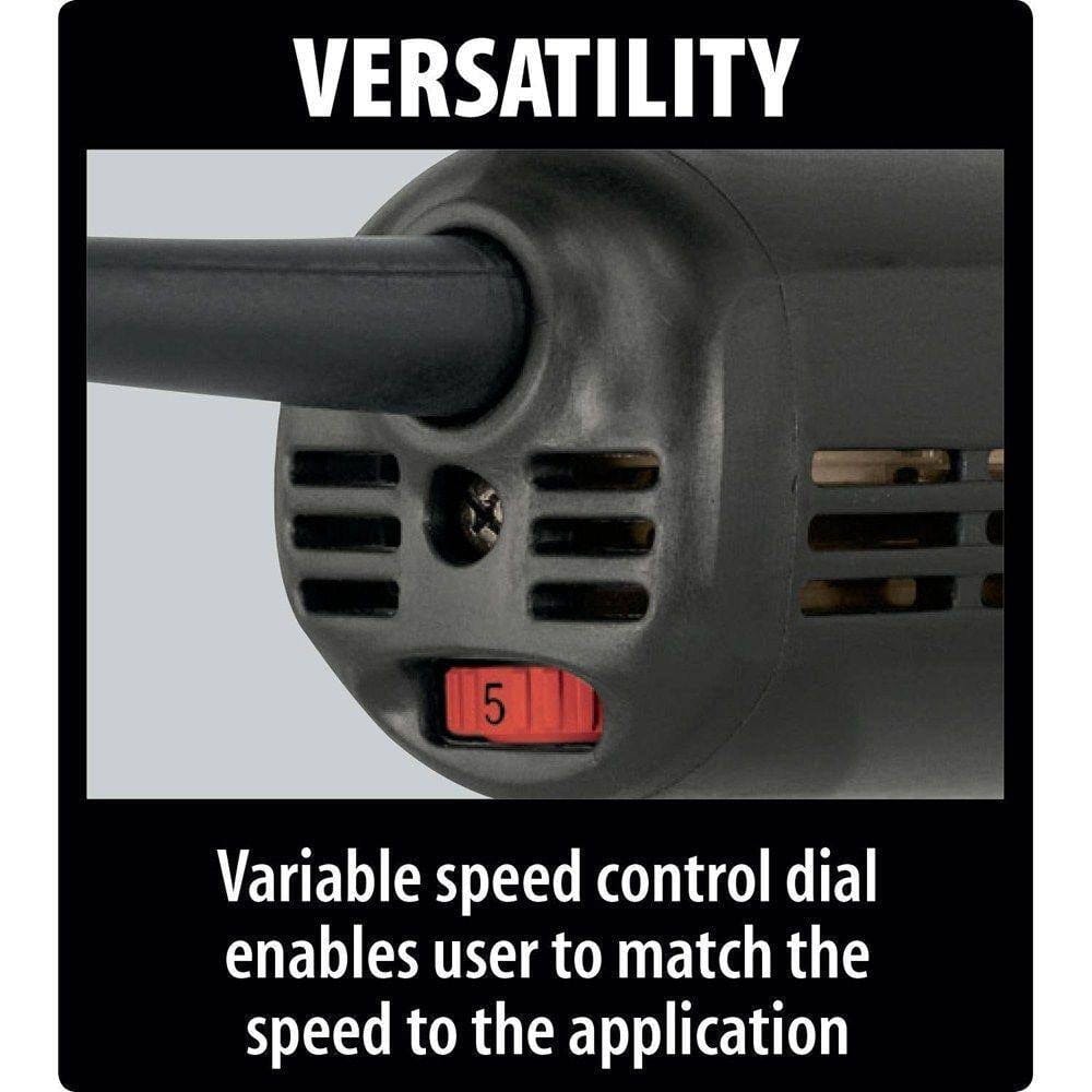 A detailed close-up of the variable speed control dial on the Makita 9565PCV angle grinder, highlighting the versatility to match RPM settings to specific professional grinding and cutting applications.