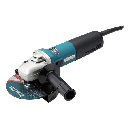 A professional studio product shot of the Makita 9566CV 6-inch SJS high-power angle grinder featuring its teal and black body, powerful 13 Amp motor, adjustable side handle, and installed cut-off wheel.