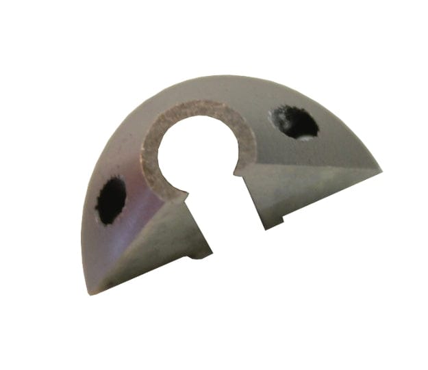 Close-up of the Makita A-15051 nibbler die showing its semi-circular metal body with a central hole and two side holes, designed for use with the JN1601 tool. The matte-finished surface and precision-machined edges highlight its durable construction for cutting aluminum, steel, and stainless materials.