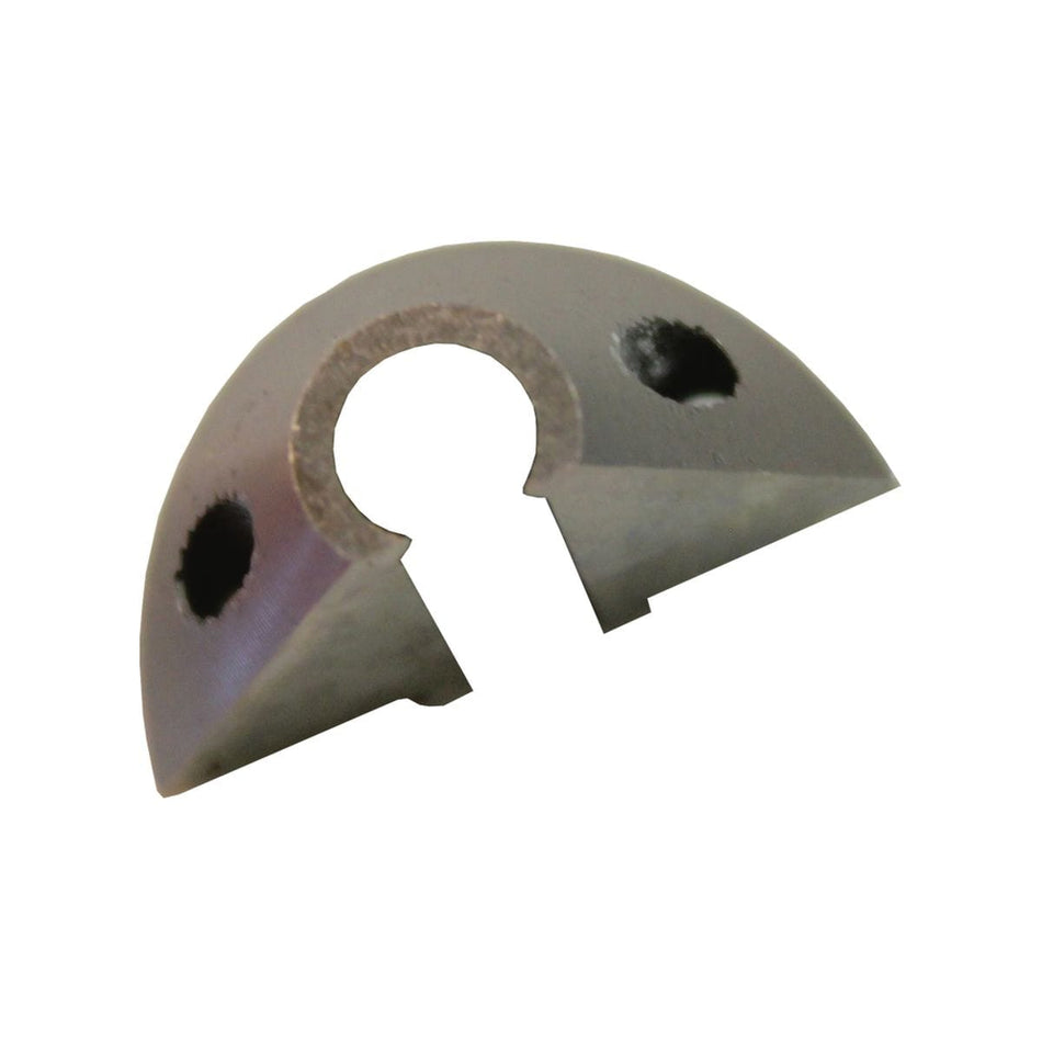 Close-up of the Makita A-15051 nibbler die showing its semi-circular metal body with a central hole and two side holes, designed for use with the JN1601 tool. The matte-finished surface and precision-machined edges highlight its durable construction for cutting aluminum, steel, and stainless materials.