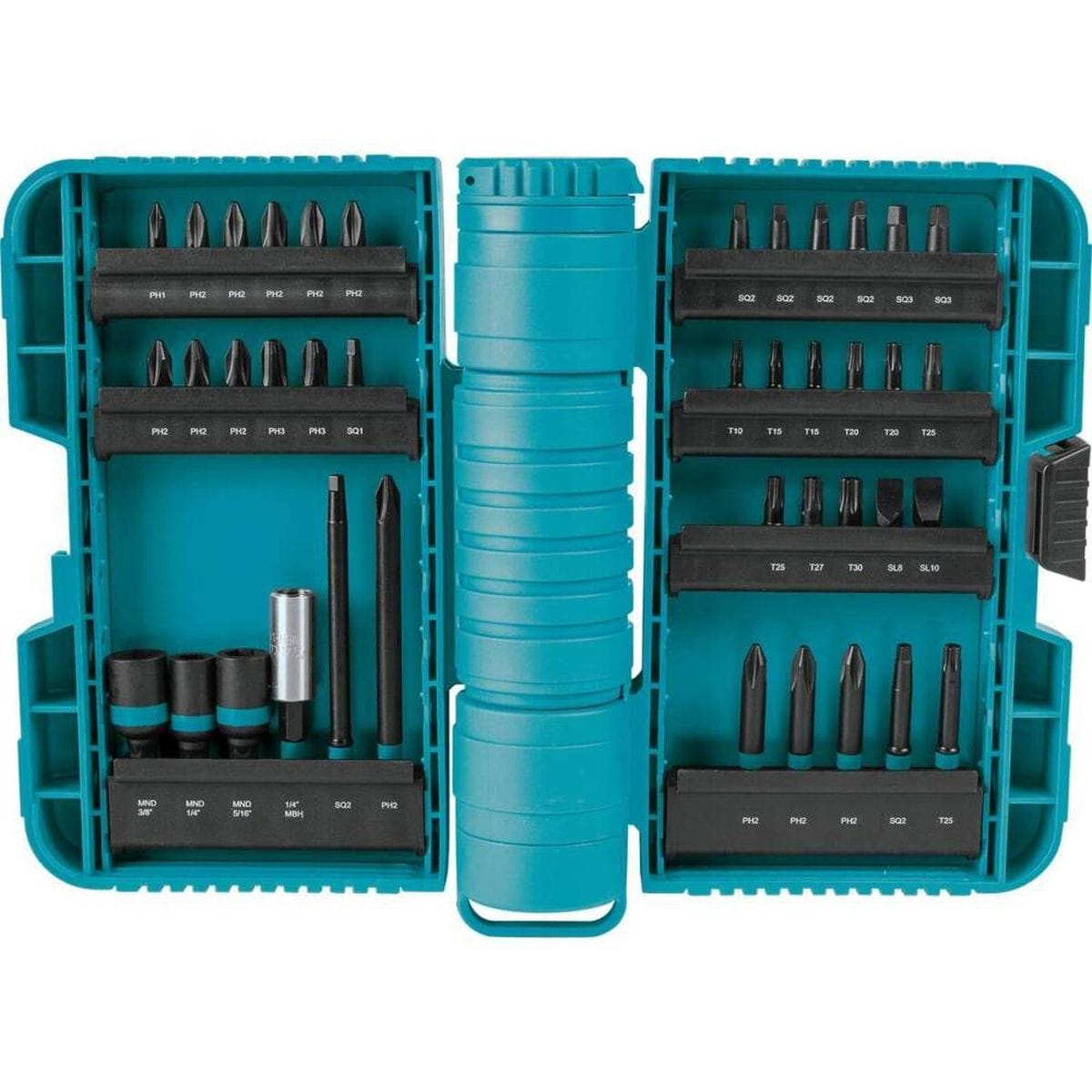 An open view of the teal Makita ImpactX 40-piece driver bit set case, showing a wide assortment of Phillips, Square, Torx, and Slotted bits, along with nut drivers and a magnetic bit holder organized in rotating holders.