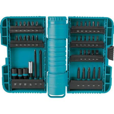 An open view of the teal Makita ImpactX 40-piece driver bit set case, showing a wide assortment of Phillips, Square, Torx, and Slotted bits, along with nut drivers and a magnetic bit holder organized in rotating holders.