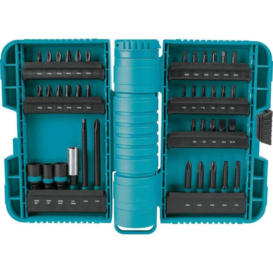An open view of the teal Makita ImpactX 40-piece driver bit set case, showing a wide assortment of Phillips, Square, Torx, and Slotted bits, along with nut drivers and a magnetic bit holder organized in rotating holders.