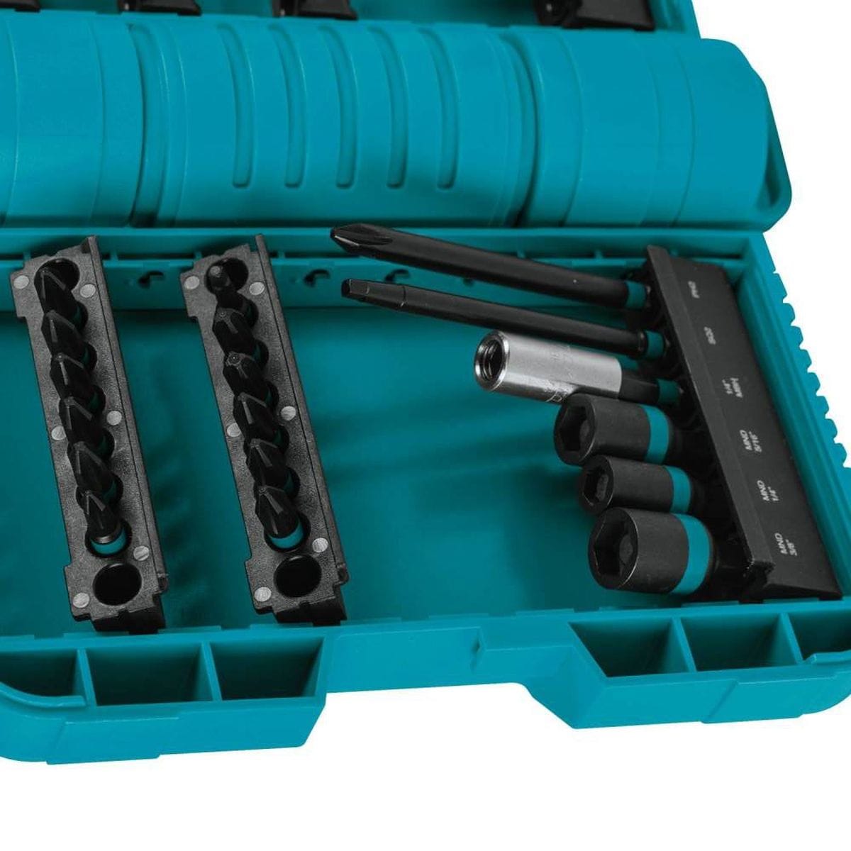 A detailed close-up of the Makita ImpactX case interior, highlighting the 90-degree rotating bit keepers that allow for easy removal of the precision-machined S2 steel bits and nut drivers.