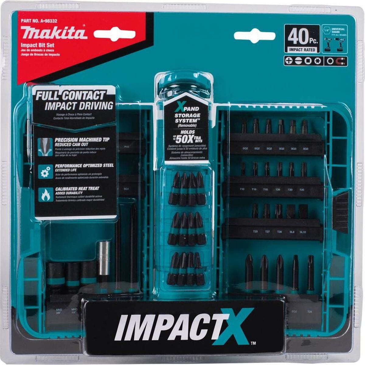 Front view of the Makita A-98332 ImpactX 40-piece set in its original retail blister pack, emphasizing the full-contact impact driving technology and the removable Xpand storage system.